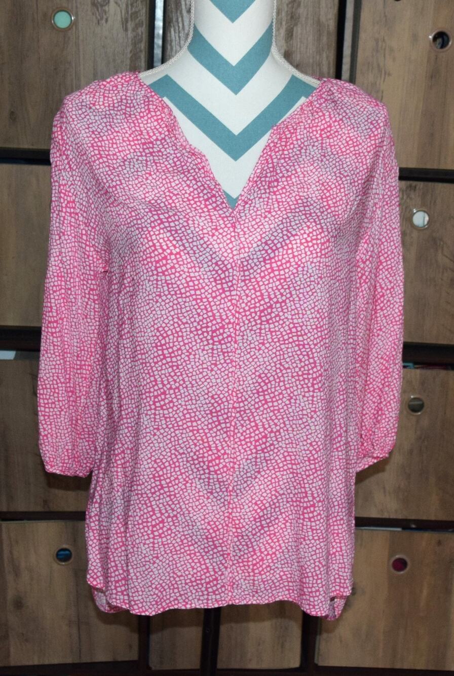 Stylus Top Womens Small Pink Geometric Hi Low Hem Pullover Tunic 3/4 Sleeves